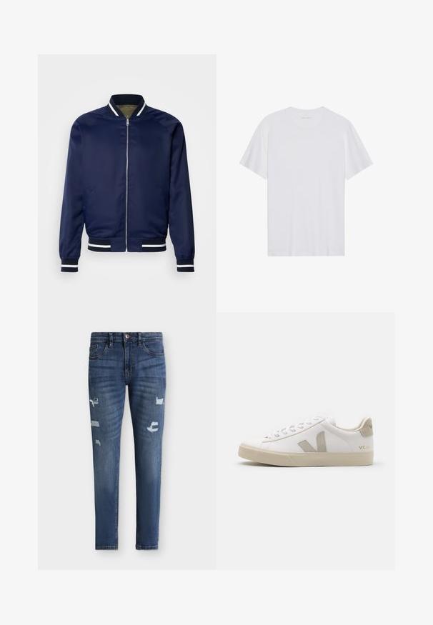 Veste bomber marine en tissu lisse ; dotée de poignets et d'un col rayés blancs et marins, fermeture éclair à l'avant et poches latérales.; T-shirt en coton blanc à manches courtes, col rond et texture lisse. Présente un branding minimal au niveau du col.; Jean skinny en denim bleu avec légère décoloration et zones usées aux cuisses et aux genoux, fermeture avant par bouton et zip, design cinq poches.; Baskets en cuir blanc avec des accents beiges, semelle plate en caoutchouc, bout rond et logo contrastant sur le côté et à l'arrière. Design à lacets.