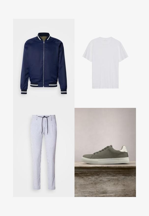 Veste bomber marine en tissu lisse ; dotée de poignets et d'un col rayés blancs et marins, fermeture éclair à l'avant et poches latérales.; T-shirt en coton blanc à manches courtes, col rond et texture lisse. Présente un branding minimal au niveau du col.; Pantalons rayés en mélange de coton bleu clair et blanc, dotés d'une taille élastique avec cordon de serrage, de poches latérales et d'un design ajusté avec des jambes fuselées.; Baskets grises avec une tige lisse, des accents blancs et une semelle en caoutchouc. Dotées d'un design classique à lacets et d'un bout de chaussure texturé.