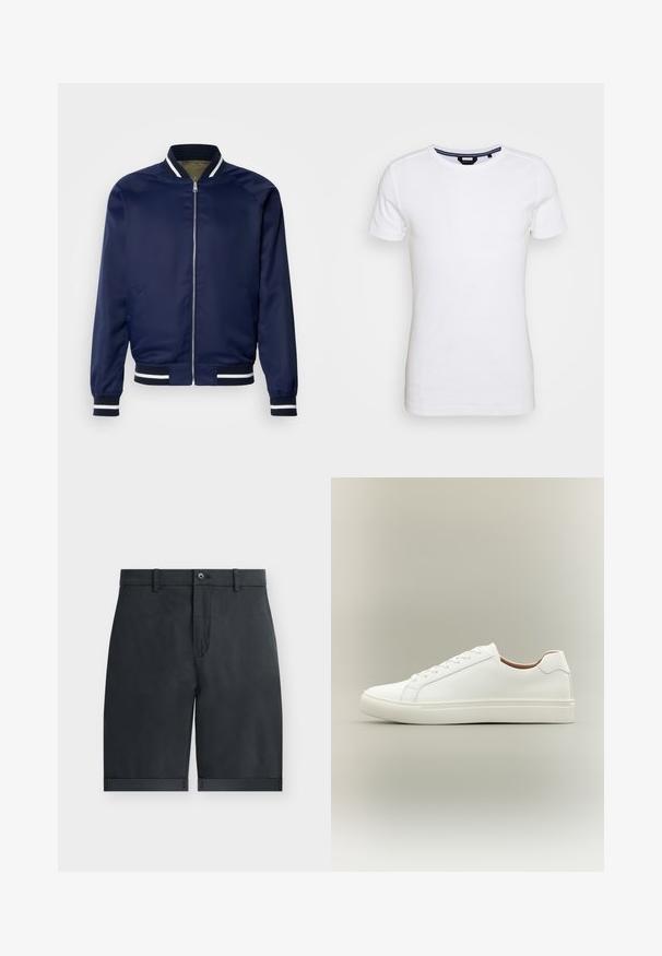 Marine Bomberjacke aus glattem Stoff; mit weißen und marineblauen gestreiften Bündchen und Kragen, Reißverschluss vorne und Seitentaschen.; Lindbergh T-Shirt basic - white; Schwarze knielange Shorts mit umgeschlagenen Säumen, Knopfverschluss, Gürtelschlaufen und flachem Vorderdesign auf einfachem weißem Hintergrund.; Weißer Sneaker mit niedrigem Schaft, Schnürverschluss und flacher Sohle, seitlich auf neutralem Hintergrund gezeigt.