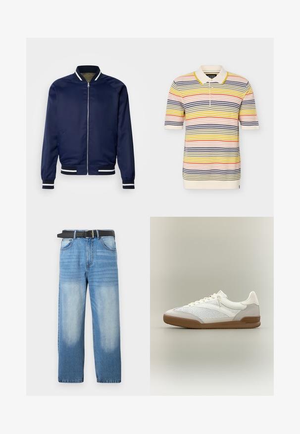 Veste bomber marine en tissu lisse ; dotée de poignets et d'un col rayés blancs et marins, fermeture éclair à l'avant et poches latérales.; Polo en maille à manches courtes avec des rayures horizontales jaunes, orange, bleu marine, rose et vert olive sur fond crème.; Jean en denim bleu clair avec une coupe droite, doté d'une ceinture noire, avec des zones décolorées et une texture diagonale subtile sur la partie supérieure.; Baskets basses blanches et gris clair avec panneaux en maille et en daim, lacets blancs et semelle en caoutchouc marron sur un fond neutre.