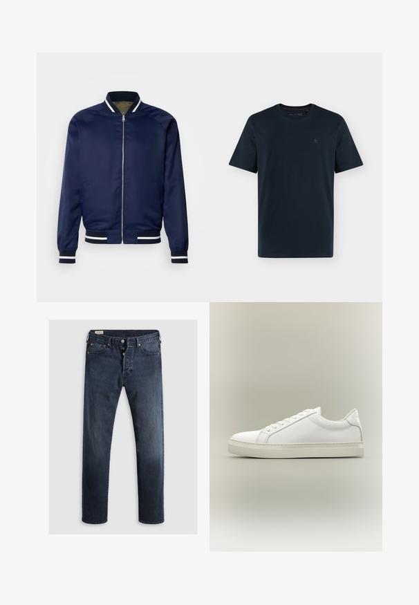 Veste bomber marine en tissu lisse ; dotée de poignets et d'un col rayés blancs et marins, fermeture éclair à l'avant et poches latérales.; T-shirt bleu marine foncé à manches courtes et col rond avec un petit logo discret sur la poitrine gauche sur fond blanc.; Jeans en denim bleu foncé avec une coupe droite, dotés d'un zip et de boutons en métal, ainsi que d'accents de rivets en cuivre. Texture lisse, sans motifs visibles.; Baskets blanches basses à lacets sur l’avant et semelle épaisse, vues de côté sur un fond neutre.