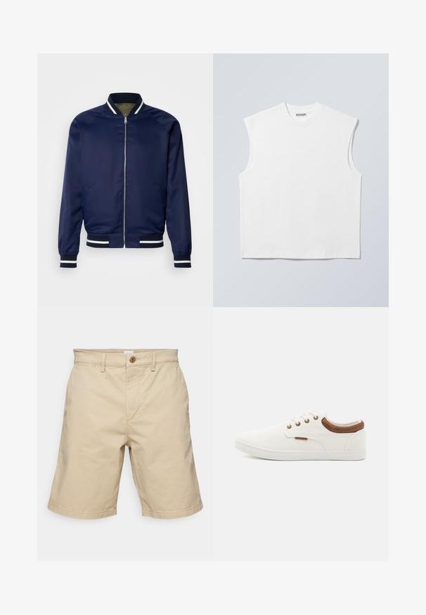 Veste bomber marine en tissu lisse ; dotée de poignets et d'un col rayés blancs et marins, fermeture éclair à l'avant et poches latérales.; Haut blanc sans manches en coton à col rond avec épaules structurées, marqué "WEEKDAY" sur l'étiquette du col, présenté sur un fond gris clair.; GAP ESSENTIAL - Short - iconic khaki; Baskets en toile blanches avec une texture lisse, des accents en cuir marron au talon et cinq œillets en métal pour les lacets. Elles disposent d'une semelle plate en caoutchouc.