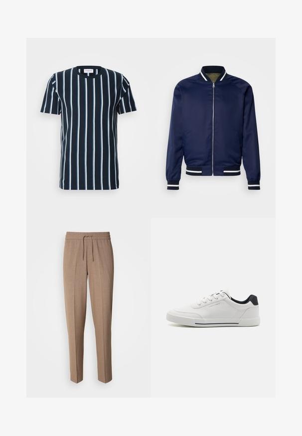 Chaqueta bomber de la marina hecha de un tejido suave; cuenta con puños y cuello a rayas blancas y marinas, cierre frontal con cremallera y bolsillos laterales.; Camiseta de rayas marinas con rayas blancas verticales, un cuello redondo, mangas cortas y un corte relajado. Tela de algodón suave.; Pantalones de tela tejida marrón con corte relajado, cintura con cordón y pliegues frontales. Piernas rectas y sin bolsillos visibles ni herrajes.; Zapatillas blancas con una parte superior sintética suave, puntera redonda, diseño de cordones, acento en azul marino en el talón y una suela de goma texturizada con una franja negra.