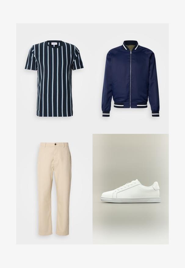 Marine Bomberjacke aus glattem Stoff; mit weißen und marineblauen gestreiften Bündchen und Kragen, Reißverschluss vorne und Seitentaschen.; StreifenT-Shirt in Marineblau mit vertikalen weißen Streifen, Rundhalsausschnitt, kurzen Ärmeln und lockerer Passform. Glattes Baumwollmaterial.; Beige Baumwollhosen mit geraden Beinen, einem Knopfverschluss vorne, Seitentaschen und einer glatten Textur. Minimalistisches Design, ohne sichtbare Muster.; Weißer Sneaker mit niedrigem Schaft, Schnürung vorne und strukturierter Gummisohle vor einfachem neutralem Hintergrund.