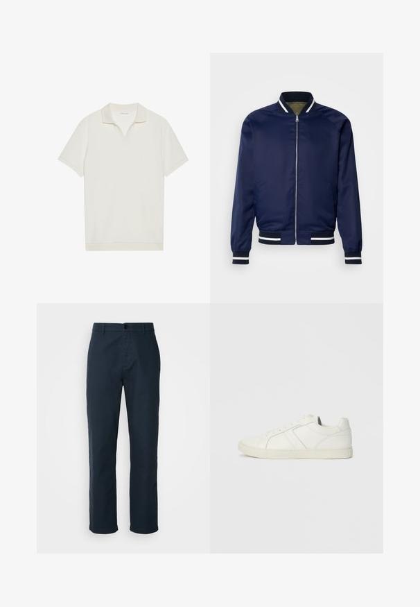 Veste bomber marine en tissu lisse ; dotée de poignets et d'un col rayés blancs et marins, fermeture éclair à l'avant et poches latérales.; Polo blanc à manches courtes avec un col en V et un tissu texturé. Design simple avec un col et des accents de manches contrastants.; Chinos bleu marine en tissu de coton, avec une coupe droite, fermeture à bouton et poches latérales pour plus de praticité.; Baskets blanches en cuir montantes basses avec fermeture à lacets et semelle en caoutchouc plate, vues du côté intérieur sur un fond uni.