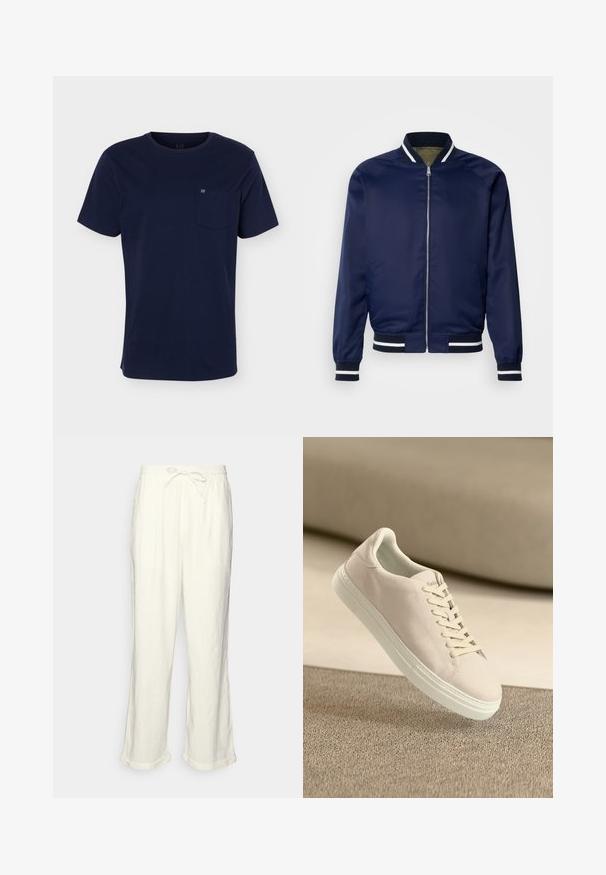 Marine Bomberjacke aus glattem Stoff; mit weißen und marineblauen gestreiften Bündchen und Kragen, Reißverschluss vorne und Seitentaschen.; Marineblaues T-Shirt mit kurzen Ärmeln und Rundhalsausschnitt mit einer Brusttasche, die ein kleines Logo auf einfarbigem Hintergrund zeigt.; Leinenhose in Off-White mit einem Bund zum Kordelziehen, leicht weitem Bein und umgeschlagenen Säumen für eine entspannte Passform. Keine Taschen.; Beige Wildleder-Sneaker mit weißer Sohle und Schnürsenkeln, die über einem strukturierten beigen Teppich vor einem sanften beigen Hintergrund schwebt.