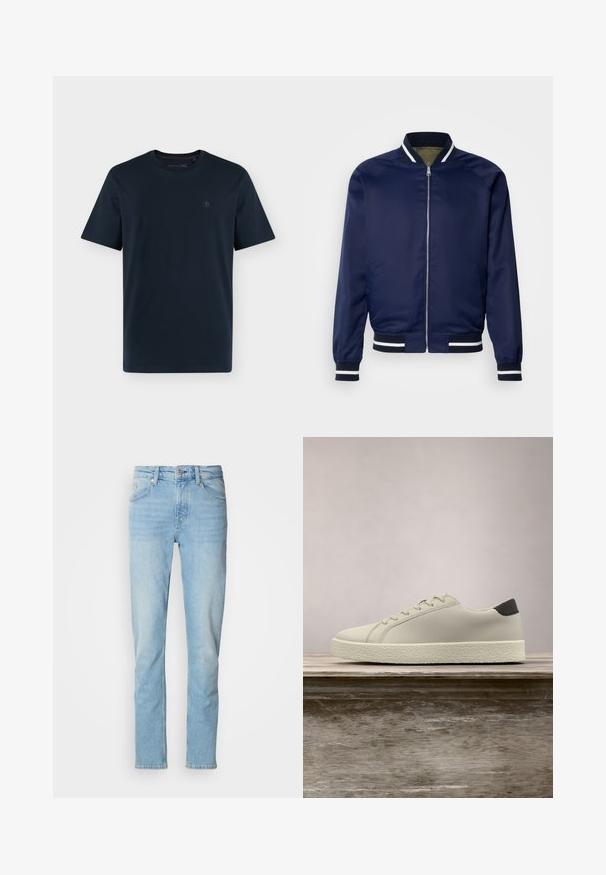 Marine bomberjack gemaakt van gladde stof; heeft witte en marine gestreepte manchetten en kraag, een ritssluiting aan de voorkant en zijzakken.; Donker marineblauw T-shirt met korte mouwen en ronde hals met een klein, subtiel logo op de linkerborst tegen een witte achtergrond.; Lichtblauwe jeans van denim, met een rechte pasvorm, vijf zakken, riemlussen en een knoopsluiting.; Witte sneaker met gestructureerde zool en zwarte hieldetails, zwevend boven een houten bank met hoge groene graspluimen op de achtergrond.