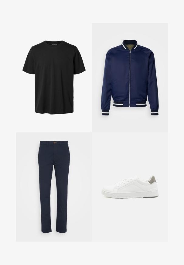 Chaqueta bomber de la marina hecha de un tejido suave; cuenta con puños y cuello a rayas blancas y marinas, cierre frontal con cremallera y bolsillos laterales.; Camiseta negra lisa de manga corta con cuello redondo, ajuste regular y sin diseño o marca visible en el frente.; Chinos azul marino de algodón, con un diseño de pierna recta, cierre con botón y bolsillos frontales. Textura suave y sin patrones.; Zapatilla blanca con material de cuero liso, punta redonda, diseño minimalista, acento gris en el talón y suela de goma texturizada.