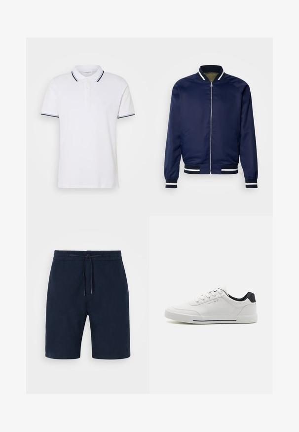 Marine Bomberjacke aus glattem Stoff; mit weißen und marineblauen gestreiften Bündchen und Kragen, Reißverschluss vorne und Seitentaschen.; Weißes Poloshirt aus Baumwolle mit kragen, einer Knopfleiste mit drei Knöpfen und navyblauen sowie weißen gestreiften Akzenten an den Ärmeln.; Marineblaue Shorts aus weichem Stoff mit einem elastischen Bund und verstellbarem Kordelzug, Seitentaschen und geraden Beinen.; Weiße Sneakers mit einem glatten synthetischen Obermaterial, runder Spitze, Schnürdesign, marineblauem Akzent an der Ferse und einer strukturierten Gummisohle mit einem schwarzen Streifen.