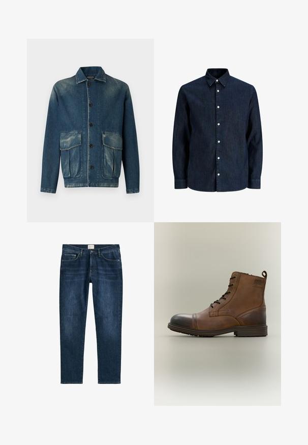 Dunkelblaue Jeansjacke mit einem verblichenen Finish. Sie verfügt über einen kragen, eine Knopfleiste an der Vorderseite und zwei aufgesetzte Taschen vorne.; Dunkelblaues Jeanshemd mit langen Ärmeln, weißen Knöpfen und spitzem Kragen, auf weißem Hintergrund gezeigt.; Dunkelblaue Denim-Jeans mit geradem Bein, fünf Taschen, Gürtelschlaufen und dezentem Verblassen. Der Stoff hat eine glatte Textur.; Brauner Leder-Schnürstiefel bis zum Knöchel mit schwarzer Zehenkappe, runder Sohle und Markenlabel an der Seite vor schlichtem Hintergrund.