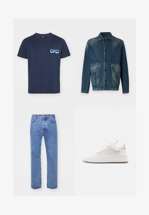 Jeansjakke i mørkeblå med en falmet finish. Har en krave, knaplukning foran og to forreste lomme.; Mørkeblå bomulds T-shirt med korte ærmer. Har en hvid grafisk tekst "DAD" på venstre side, i fed skrift. Enkel og afslappet design.; Won Hundred STEVE - Jeans Relaxed Fit - cut blue; Lavtop hvid sneaker med tekstureret sidepanel, polstret krave, snørelukning foran og "Filling Pieces" branding på kantsålen.
