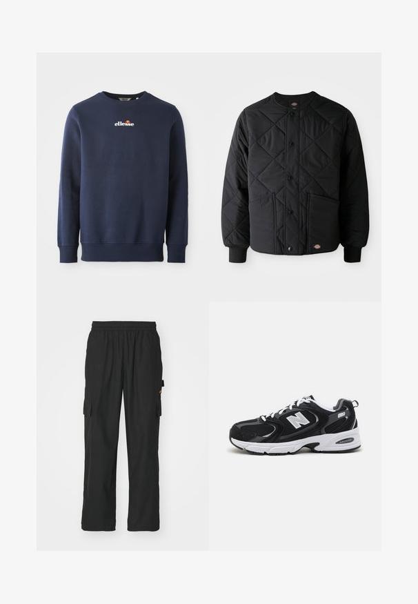 Schwarze gesteppte Jacke mit Druckknöpfen, zwei frontalen Taschen, gerippten Bündchen und einem sichtbaren kleinen Logo-Patch am vorderen Saum.; Dunkelblaues Sweatshirt aus einem weichen Material, mit Rundhalsausschnitt und gerippten Bündchen. Gesticktes "ellesse"-Logo mit farbigen Akzenten.; Schwarze Cargo-Hosen aus leichtem Stoff, mit zwei seitlichen Taschen, einem elastischen Taillenbund und einer lockeren Passform.; Schwarze und graue Sportschuhe mit Obermaterial aus Mesh und Wildleder, ausgestattet mit einer weißen Zwischensohle, Schnürsenkeln und einem markanten "N"-Logo an der Seite.