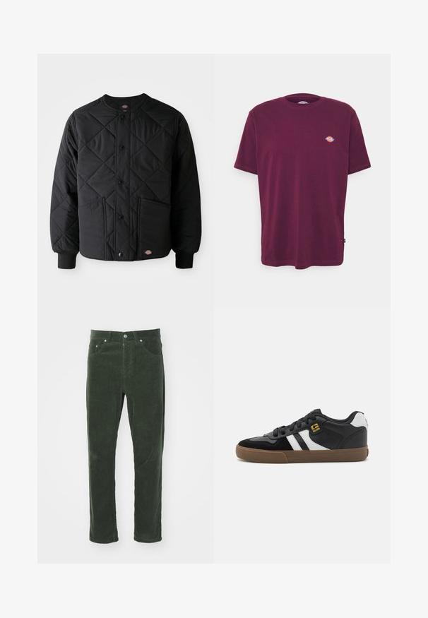 Veste matelassée noire avec boutons-pression, deux poches avant, poignets côtelés et un petit patch logo visible à l'ourlet avant.; T-shirt en coton bordeaux avec un col rond, des manches courtes et un petit logo multicolore sur la poitrine. Texture lisse, coupe standard.; Pantalons en velours côtelé verts avec une coupe droite, comportant cinq poches, une fermeture à bouton en métal et une surface rayée texturée.; Baskets noir et blanc avec une tige en daim et en cuir, présentant des rayures blanches, des lacets noirs et une semelle en caoutchouc marron. Accents de logo dorés.