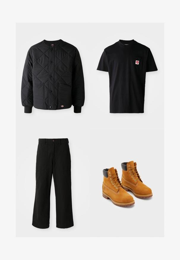 Schwarze gesteppte Jacke mit Druckknöpfen, zwei frontalen Taschen, gerippten Bündchen und einem sichtbaren kleinen Logo-Patch am vorderen Saum.; Schwarzes Baumwoll-T-Shirt mit rundem Halsausschnitt, kurzen Ärmeln und einer linken Brusttasche, die mit einem roten Herz-Patch und weißem Text versehen ist.; Schwarze weit geschnittene Hose aus weichem Stoff, mit Fronttaschen und einem Knopfverschluss an der Taille. Minimalistisches Design ohne sichtbare Muster.; Lederarbeitsstiefel in Tan mit schwarzem gepolstertem Kragen, goldenen Ösen und braunen Gummisohlen. Mit kontrastierenden Nähten und einem Logo an der Seite.