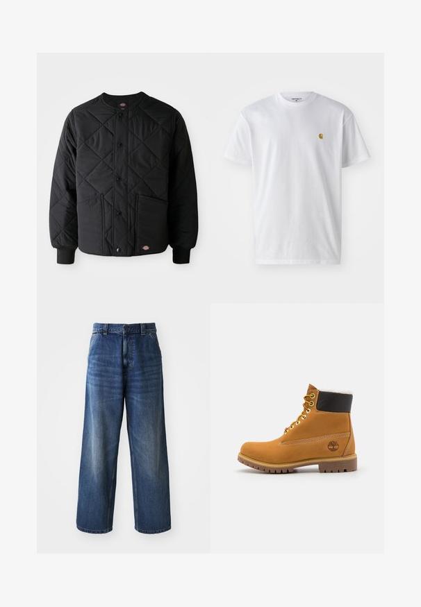 Sort quiltet jakke med trykknapper, to frontlommer, ribbede manchetter og et synligt lille logo patch ved frontens nederste kant.; Hvid bomulds t-shirt med korte ærmer, rund hals og et lille guld logo på venstre brystområde. Blød tekstur og almindelig pasform.; Højtaljede blå denimjeans med vid benvidde, der har subtil falming, forlommer og en knaplukning i taljen.; Brune læder ankelstøvle med metaløjer, hvid pelsforing, sort polstret krave, robust sål og præget logo på siden.