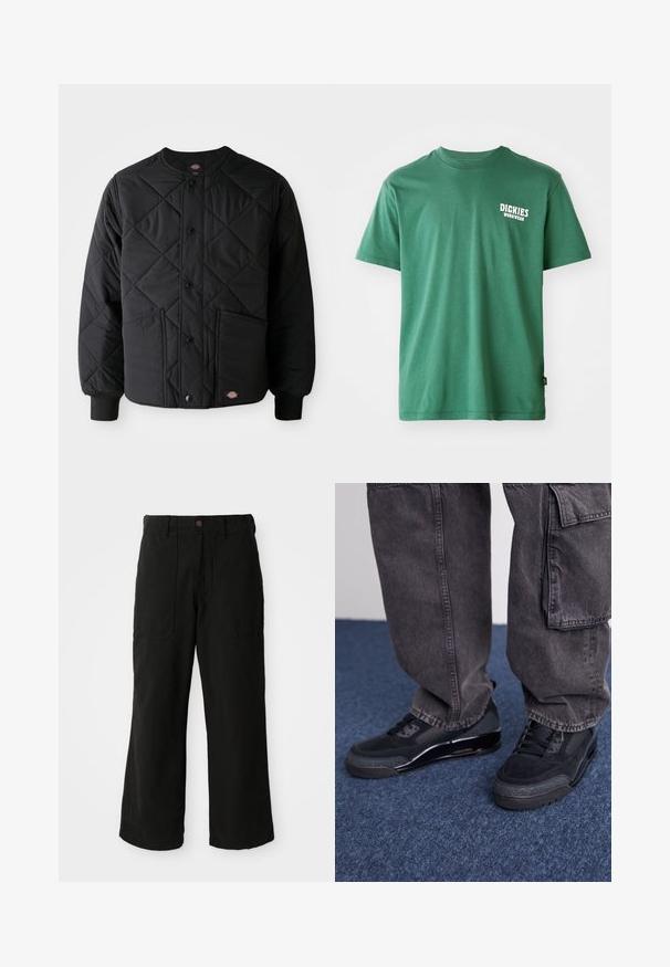 Zwarte gewatteerde jas met drukknoopsluiting, twee voorzakken, geribde manchetten en een zichtbaar klein logo-opdruk aan de voorkant van de zoom.; Groene katoenen t-shirt met een ronde halslijn, korte mouwen en een wit logo op de linkerborst. Gladde textuur en een ontspannen pasvorm.; Zwarte wijde broek van zachte stof, met voorzakken en een knoopsluiting in de taille. Minimalistisch ontwerp zonder zichtbare patronen.; Zwarte sportieve schoenen met een gestructureerd oppervlak, gladde accenten en een chunky zool, gecombineerd met donkere, loszittende cargo pants.