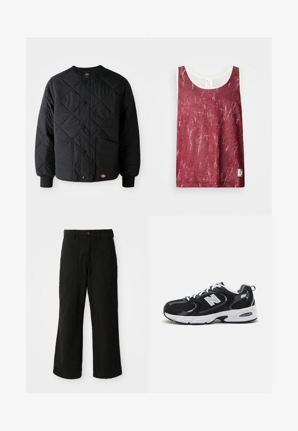 Chaqueta negra acolchada con botones a presión, dos bolsillos frontales, puños acanalados y un pequeño parche de logo visible en el dobladillo frontal.; Camiseta sin mangas de malla roja con un patrón ligeramente desgastado y desvaído. Presenta un ribete blanco alrededor del escote y las sisas, y una pequeña etiqueta con el logo en la parte inferior.; Pantalones de pierna ancha en color negro, fabricados en un tejido suave, con bolsillos frontales y cierre de botón en la cintura. Diseño minimalista sin patrones visibles.; Zapatillas deportivas en negro y gris con parte superior de malla y ante, que cuentan con una entresuela blanca, cordones y un llamativo logo "N" en el lateral.
