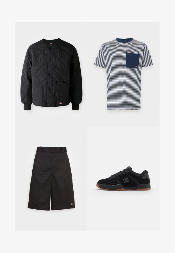 Chaqueta negra acolchada con botones a presión, dos bolsillos frontales, puños acanalados y un pequeño parche de logo visible en el dobladillo frontal.; Ellesse HIRST TEE - Camiseta estampada - navy; Bermudas de algodón negras de corte recto, hasta la rodilla, con un logotipo visible en el dobladillo y una textura suave.; Zapatillas de ante negro con suela de goma, que cuentan con un logotipo negro en el costado y cordones negros. Diseño de punta redonda y corte bajo.