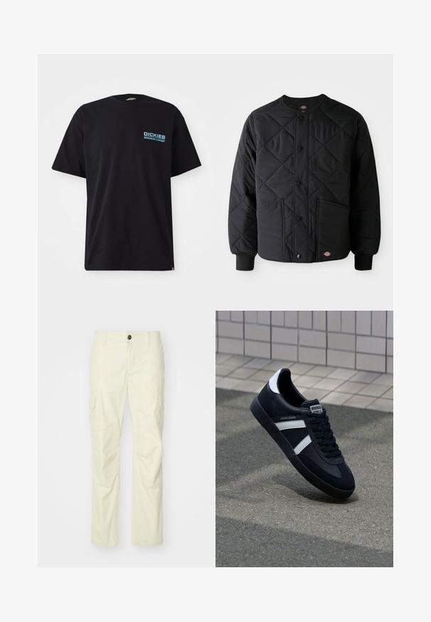 Zwarte gewatteerde jas met drukknoopsluiting, twee voorzakken, geribde manchetten en een zichtbaar klein logo-opdruk aan de voorkant van de zoom.; Zwarte katoenen t-shirt met korte mouwen, met een blauw "DICKIES WORKWEAR COMPANY" logo op de linkerkant van de borst. Standaard ronde hals.; Beige cargobroek gemaakt van lichtgewicht stof, met zijzakken, een knoopsluiting en rechte pijpen. Gladde textuur met nette naden.; Zwarte leren sneaker met witte strepen, een gestructureerde rubberen zool en vetersluiting aan de voorkant. Voorzien van een merklabel op de tong.