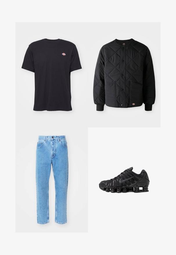 Sort quiltet jakke med trykknapper, to frontlommer, ribbede manchetter og et synligt lille logo patch ved frontens nederste kant.; Sort kortærmet t-shirt med rund hals og et lille farverigt Dickies-logo på venstre bryst mod en ensfarvet baggrund.; Lyseblå denimjeans har en lige ben-design, fem lommer og en klassisk knaplukning i taljen.; Sorte atletikskoser lavet af mesh og syntetiske materialer, med et karakteristisk bølget design, sort gummisål og reflekterende detaljer.