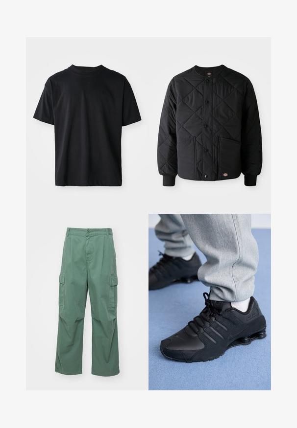 Sort quiltet jakke med trykknapper, to frontlommer, ribbede manchetter og et synligt lille logo patch ved frontens nederste kant.; Sort crew neck T-shirt lavet af bomuld. Korte ærmer, standard pasform, ingen synlige mønstre, minimalistisk design med en diskret logo detalje.; Grønne cargobukser lavet af bomuld, med løs pasform, brede ben og sidelommer. Stoffet har en glat tekstur uden mønstre.; Person iført sorte Nike Shox sneakers og grå joggingbukser, der står på lyseblåt tæppe.