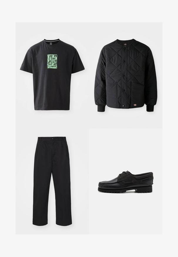 Veste matelassée noire avec boutons-pression, deux poches avant, poignets côtelés et un petit patch logo visible à l'ourlet avant.; T-shirt noir en coton avec une illustration graphique verte comportant le mot "FLEUR". Manches courtes et col rond.; Pantalons en coton noir à coupe droite, avec une fermeture à bouton, deux poches avant et une texture lisse.; Chaussure noire avec un dessus en cuir, des accents textiles, des lacets ronds et une semelle en caoutchouc texturé. Présente des coutures mocassins et des détails de marque.