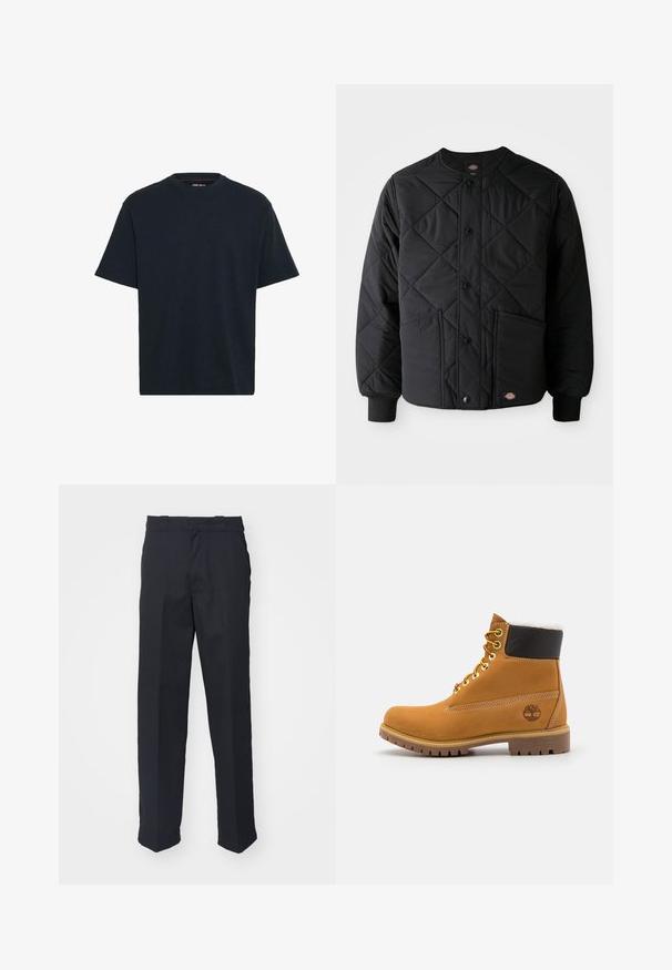 Sort quiltet jakke med trykknapper, to frontlommer, ribbede manchetter og et synligt lille logo patch ved frontens nederste kant.; Marineblå bomulds T-shirt med rund hals, korte ærmer og en afslappet pasform. Glat tekstur uden synlige mønstre eller accenter.; Sorte skræddersyede bukser med lige ben, fremstillet af glat stof, med et taljebånd med løkker og uden synlige mønstre eller hardware.; Brune læder ankelstøvle med metaløjer, hvid pelsforing, sort polstret krave, robust sål og præget logo på siden.