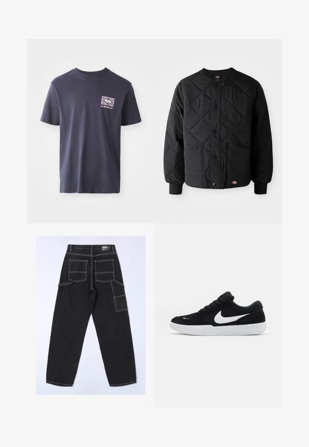 Sort quiltet jakke med trykknapper, to frontlommer, ribbede manchetter og et synligt lille logo patch ved frontens nederste kant.; Marineblå bomulds t-shirt med rund hals og korte ærmer. Har et geometrisk grafisk print i lilla og hvid på venstre bryst.; Sorte denimbukser med løs pasform, der har flere lommer, synlige syninger og et lige ben-design.; Sorte ruskindssneakers med hvide accenter, der har en rund tå, tyk hvid sål og sorte snørebånd. Fremtrædende hvidt Nike-logo på siden.