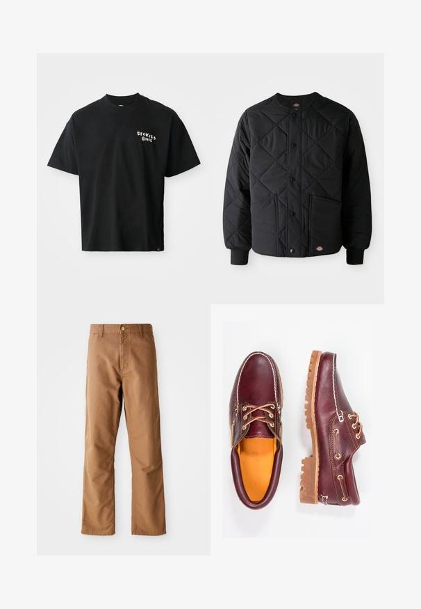 Schwarze gesteppte Jacke mit Druckknöpfen, zwei frontalen Taschen, gerippten Bündchen und einem sichtbaren kleinen Logo-Patch am vorderen Saum.; Schwarzes T-Shirt mit kurzen Ärmeln aus Baumwolle und lockerer Passform. Auf der Vorderseite befindet sich ein weißes "Dickies"-Logo. Rundhalsausschnitt, einfarbig.; Braune gerade geschnittene Hosen mit Gürtelschlaufen, Vordertaschen, Knopfverschluss und Reißverschluss vor einem weißen Hintergrund.; Bordeauxfarbene Lederschuhe mit braunen Gummisohlen, runder Zehenform, weißen Nähten und goldenen Ösen. Das Innenfutter weist eine gelbe Beschichtung auf.