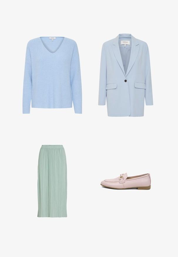 Helles blaues Blazer aus glattem Stoff, mit einem einreihigen Knopfverschluss, zwei Vorderaschen und einem Reversdesign.; Hellblauer, gestrickter Pullover mit V-Ausschnitt, langen Ärmeln und einem gerippten Muster. Verfügt über eine entspannte Passform und einen weichen Stoff.; Hellgrüner plissierter Midirock mit elastischem Bund, geradem Schnitt und leichtem Stoff.; Hellrosa Lederloafer mit goldfarbenem Metalldetail, abgesteppten Zehenbereich und niedrigem Holzabsatz, seitlich auf weißem Hintergrund dargestellt.
