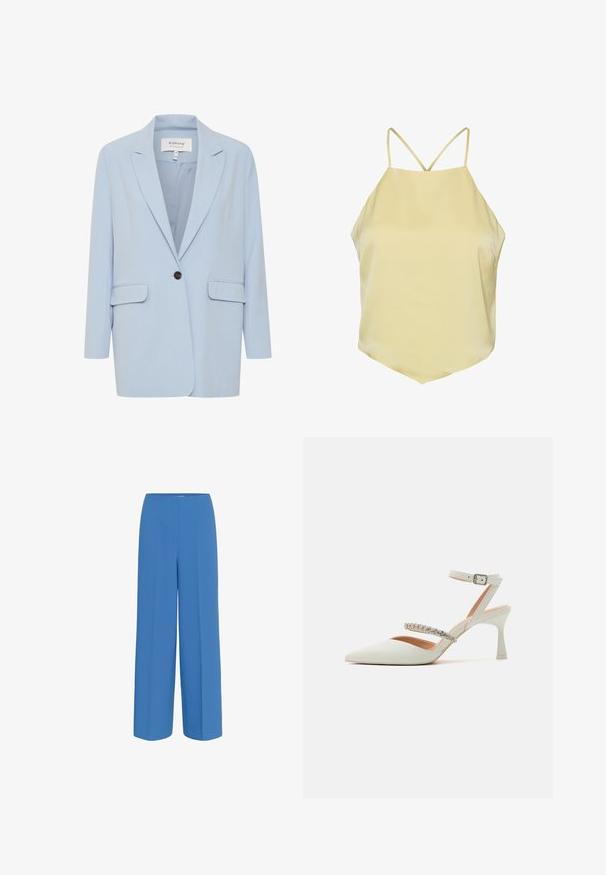 Blazer azul claro hecho de tejido suave, con cierre de un solo botón, dos bolsillos frontales y diseño de solapa muesca.; SOMETHINGNEW SNGLORIA - Top - popcorn; Pantalones de pierna ancha azules, confeccionados con un tejido suave, que presentan un pliegue frontal y una cinturilla plana sin cierre visible.; Tacón blanco de punta afilada con una delgada correa alrededor del tobillo. Presenta dos correas claras con acentos de joyas en la parte delantera. Acabado de cuero suave.