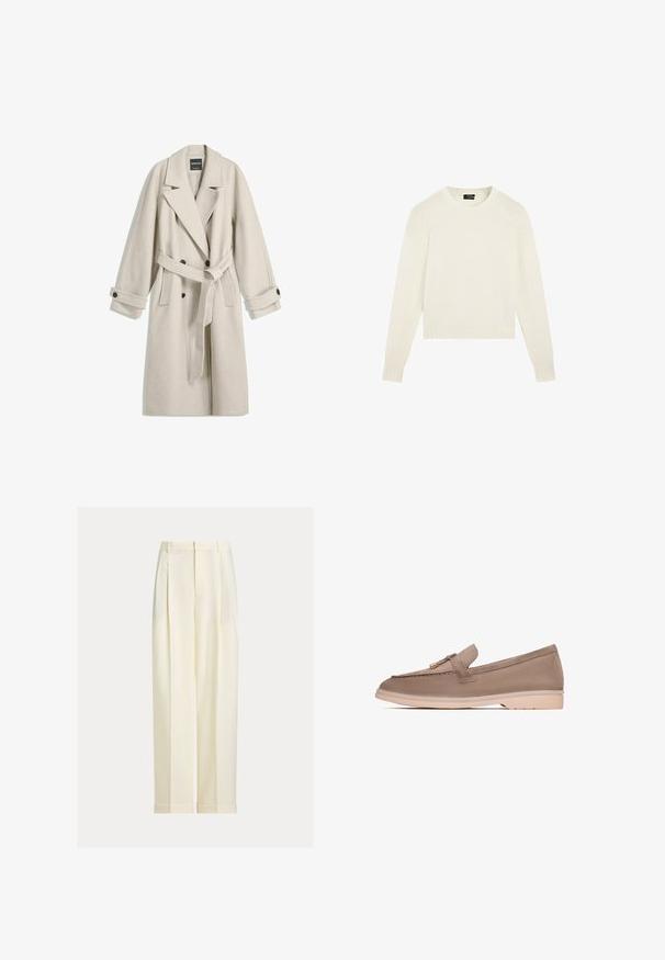 Manteau long en laine beige avec ceinture, larges revers, boutons double boutonnage et poignets boutonnés, présenté à plat sur fond blanc.; Pull blanc uni en maille avec manches longues, poignets et ourlet côtelés, et encolure ronde, présenté sur fond blanc.; Pantalon sur mesure de couleur crème avec plis sur le devant, passants pour ceinture et ourlets retroussés, présenté sur un fond uni.; Mocassins en cuir brun avec une texture lisse, dotés d'une bande décorative et d'un matériel en or, reposant sur une semelle en caoutchouc beige clair.