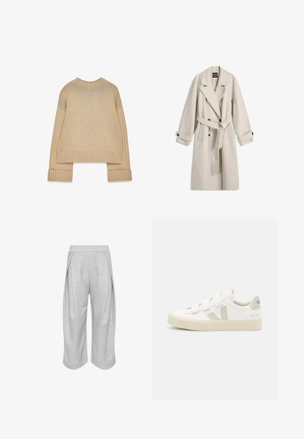 Lang beige uldfrakke med bælte, brede klapper, dobbeltradede knapper og knaplukninger ved håndleddene, vist fladt på hvid baggrund.; Beige strikket sweater med ribbet rund halsudskæring, manschetter og kant, der har lange ærmer og en let oversized pasform.; Lysegrå bukser med brede ben, cropped med høj talje og diskrete forreste læg, lavet af blødt tekstureret stof.; Hvide sneakers med velcro-remme, suede detaljer i beige, struktureret gummisål og V-logo i grå. Minimalistisk design, afrundet form.