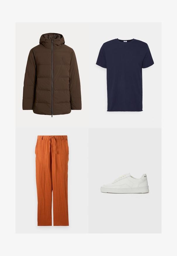 Veste d'hiver matelassée marron avec capuche, fermeture éclair à l'avant, poches latérales et logo brodé subtil sur la poitrine.; T-shirt bleu marine à manches courtes fabriqué en tissu doux. Présente un col rond et une coupe droite sans motifs ni accents.; Pantalons couleur rouille en tissu texturé, avec une taille à nouer et une coupe droite. Style simple et sans ornements.; Baskets en cuir blanc avec une finition lisse, bout arrondi, lacets plats et semelle texturée. Présente un logo discret sur le talon.