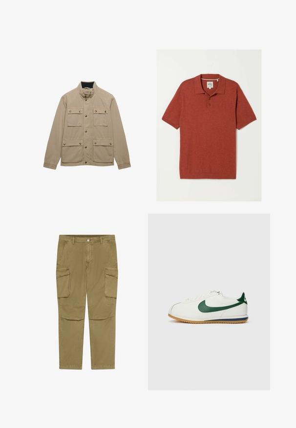 Beige casual jas met hoge kraag, knoopsluiting aan de voorkant en vier klepzakken met knoopdetails aan de voorkant.; Kort-sleeved poloshirt in roestkleur met kraag en twee knopen, plat gelegd op een witte achtergrond, met een merklabell binnenin de kraag.; Khaki cargobroek met knopen- en ritssluiting, voorzien van zijflappzakken en schuin geplaatste voorzakken.; Nike sneakers met een witte leren bovenzijde, groene accenten, rubberen zool met een gestructureerd profiel en een klassieke vetersluiting.