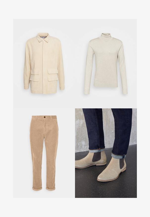 Beige fløjljakke med krave, skjulte frontknapper, lange ærmer og fire klaplommer på fronten.; Lys beige turtleneck sweater lavet af blødt stof, med lange ærmer og en tætsiddende pasform med ribkantede detaljer ved kraven og manchetterne.; Beige corduroy bukser med slim fit, der har opsmøgte bund, en frontknaplukning og et struktureret ribbet mønster.; Lyse beige ruskind Chelsea-støvler med mørke elastiske sidepaneler, båret med mørke op rullede denimjeans på sort plettet gulv.