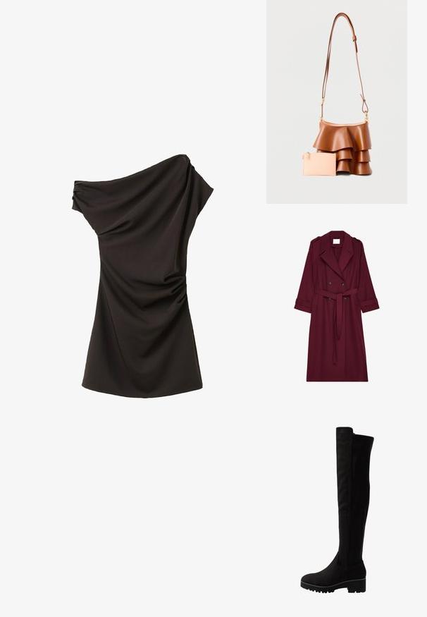 Bordeaux lang trenchcoat med dobbeltknaplukning, bælte i taljen, slagkrave og skulderklapper.; Sort asymmetrisk one-shoulder kjole med asymmetrisk udskæring og opsamlet drapering i siden, knælængde, glat stof.; Sorte over-knæ støvler i blødt ruskind med flad sål, der har en rund tå og elastiske sidepaneler for nem påklædning.; Brun læderhåndtaske med lagdelt flæsedesign og justerbar rem, ledsaget af en lille lyserød lynlåspung.