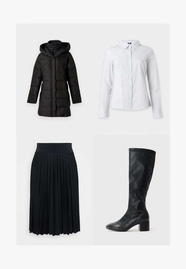 Abrigo de plumas negro con capucha, con un diseño acolchado, mangas largas y cierre de cremallera. Textura suave y dobladillo en ángulo.; Camisa blanca de manga larga con botones, con delgadas rayas verticales negras y cuello puntiagudo, mostrada sobre un fondo blanco.; Falda negra plisada con una cinturilla ancha, hecha de un material suave. Presenta pliegues verticales para añadir textura y fluidez.; Botas negras hasta la rodilla de cuero suave. Cuentan con un tacón cuadrado y una silueta elegante, con un empeine liso y detalles de costura en la parte superior.
