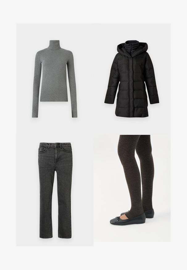 Abrigo de plumas negro con capucha, con un diseño acolchado, mangas largas y cierre de cremallera. Textura suave y dobladillo en ángulo.; Sudadera de cuello alto gris hecha de una tela suave y elástica. Mangas largas, diseño ajustado, textura mínima, sin patrones visibles ni piezas metálicas.; Jeans de mezclilla negra con corte recto, que cuentan con cinco bolsillos, trabillas para cinturón y cierre frontal con boton. La tela texturizada muestra un ligero desgaste.; Piernas con leggings oscuros acanalados combinados con bailarinas negras que presentan pequeños detalles de lazo sobre un fondo blanco.