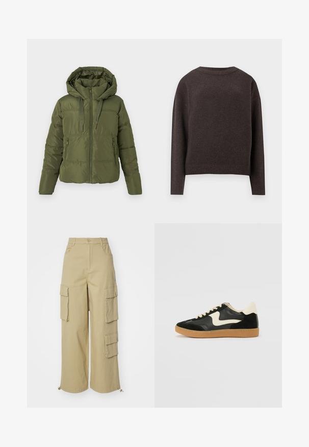 Chaqueta de plumas verde oliva con capucha adjunta, cremallera frontal, cordones ajustables y bolsillos laterales con cremallera, diseñada para climas fríos.; Suéter de cuello redondo marrón oscuro con mangas largas y puños y dobladillo acanalados, visto desde la parte de atrás sobre un fondo blanco.; Pantalones cargo beige con piernas anchas, dos bolsillos laterales grandes, bolsillos frontales y un detalle de cordón en el dobladillo. Tejido de mezcla de algodón.; Zapatillas de deporte de ante y cuero negro con un swoosh lateral en crema y un talón en crema claro. Presenta cordones beige y una suela de goma marrón.