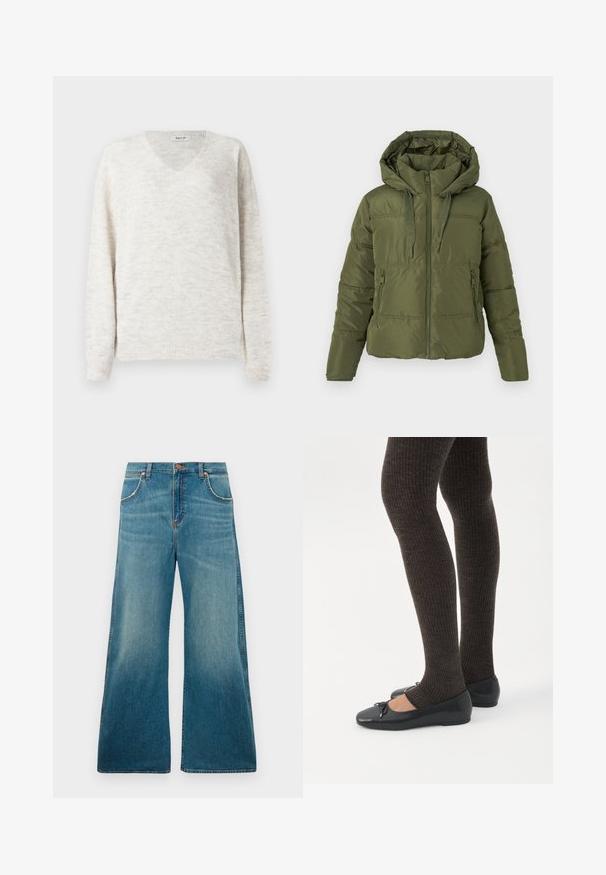 Olivengrøn pufferjakke med fast hoodie, frontlynlås, snoretræk og lynlåsede sidelommer, designet til koldt vejr.; V-hals strikket sweater i lyse beige med en blød, struktureret finish. Har lange ærmer og ribbede ærmekanter og kant for et tætsiddende look.; Højtaljede blå denimjeans med brede ben, frontlommer, knaplukning og en falmet farvegradient fra talje til kant.; Ben iført mørke ribbede leggings kombineret med sorte balletsko med små sløjfedetaljer på hvid baggrund.