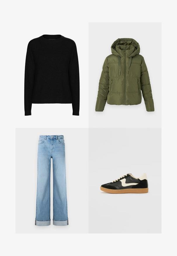 Olivgrüner Pufferjacke mit abnehmbarer Kapuze, Frontreißverschluss, Kordelzug und seitlichen Reißverschlusstaschen, entworfen für kaltes Wetter.; Schwarzer Langarm-Pullover mit Rundhalsausschnitt, geripptem Kragen, Bündchen und Saum, aus weichem strukturiertem Stoff.; Hellblaue weite Jeans im klassischen Denim mit hoher Taille, ausgestattet mit umgeschlagenen Säumen und sichtbaren Nähten.; Schwarze Wildleder- und Leder-Sneaker mit einem cremefarbenen Seiten-Swoosh und einer hellcremefarbenen Ferse. Ausgestattet mit beige Schnürsenkeln und einer Gummilaufsohle.