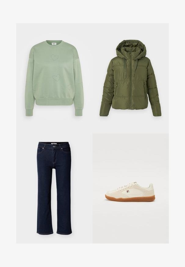 Olivi vihreä puffer-takki, jossa on kiinnitetty huppu, etuvetoketju, kiristysnarut ja vetoketjulliset sivutaskut, suunniteltu kylmää säätä varten.; Vihreä, rento sweatshirt, jossa on pyöreä kaula-aukko. sisältää pisteitä sydänkuvioita ja ribbireunat, valmistettu pehmeästä materiaalista.; Tummansiniset farkut suoralla leikkauksella, viiden taskun malli ja kontrastipistely. Vyötäröllä nappi- ja vetoketjukiinnitys.; Valkoiset tennarit, joissa on mokkanahkainen pinta, kuminen pohja ja ommellut yksityiskohdat. Ominaisuuksiin kuuluu nauhakiinnitys ja pieni logo sivussa.