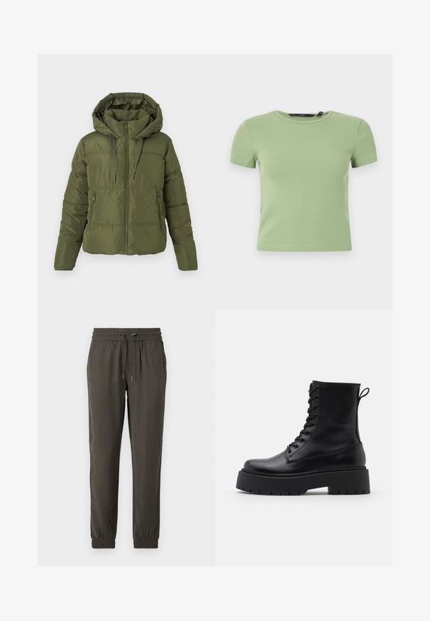 Olivgrüner Pufferjacke mit abnehmbarer Kapuze, Frontreißverschluss, Kordelzug und seitlichen Reißverschlusstaschen, entworfen für kaltes Wetter.; Hellgrünes, geripptes Crop-Top mit kurzen Ärmeln, rundem Ausschnitt und enger Passform vor weißem Hintergrund.; Dunkelgrüne Jogginghosen aus leichtem Material, mit einem elastischen Bund und Kordelzug sowie elastischen Bündchen an den Knöcheln.; Schwarze Lederstiefeletten mit runder Zehenpartie, Schnürung vorne und einer dicken Gummisohle mit strukturiertem Profil. Mit Zugschlaufe an der Rückseite.