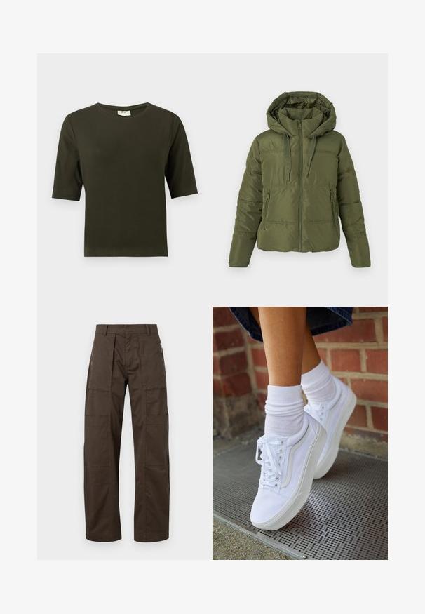 Olivgrüner Pufferjacke mit abnehmbarer Kapuze, Frontreißverschluss, Kordelzug und seitlichen Reißverschlusstaschen, entworfen für kaltes Wetter.; Dunkelgrünes T-Shirt mit kurzen Ärmeln und rundem Halsausschnitt, aus weichem Stoff gefertigt, mit einem schlichten und geraden Schnitt.; Braune Cargo-Hosen aus robustem Stoff, mit mehreren Taschen, einer lockeren Passform und auffälligen Nähdetails für Langlebigkeit.; Weiße Leinensneaker mit Gummisohlen, ausgestattet mit sechs Ösen, runder Zehenpartie und dezenten Nähten, kombiniert mit weißen Knöchelsocken.