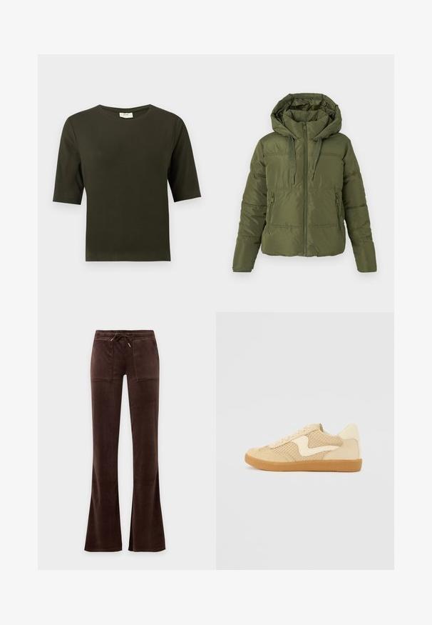 Chaqueta de plumas verde oliva con capucha adjunta, cremallera frontal, cordones ajustables y bolsillos laterales con cremallera, diseñada para climas fríos.; Camiseta de manga corta verde oscuro con cuello redondo, hecha de una tela suave, que presenta un diseño simple y de corte recto.; Pantalones de terciopelo marrón oscuro con cintura con cordón, dos bolsillos delanteros de parche y piernas ligeramente acampanadas sobre un fondo liso.; Zapatillas beige con materiales de ante y malla, forma redondeada, cuello acolchado prominente y suela de goma. Presenta un diseño en forma de ola como acento.