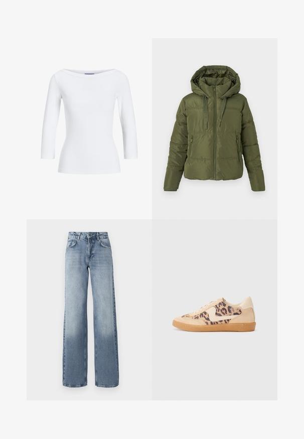 Olivengrøn pufferjakke med fast hoodie, frontlynlås, snoretræk og lynlåsede sidelommer, designet til koldt vejr.; Hvid, ribbet langærmet top med bådudskæring. Stoffet er glat, tætsiddende og har en ren afslutning ved manchetterne og kanten.; Bredde ben bløde denim jeans i blå med en lys vask, lynlås, fem-lomme design og subtil falming nær anklerne.; Leopardprint sneakers med beige ruskindsoverdel, tan gummisål og hvide detaljer. Rund pegefinger og snørebåndsdesign med en tekstureret finish.