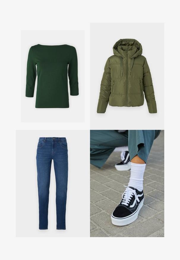 Chaqueta de plumas verde oliva con capucha adjunta, cremallera frontal, cordones ajustables y bolsillos laterales con cremallera, diseñada para climas fríos.; Top de color verde oscuro, de manga larga y con escote barco. Textura suave, diseño ajustado y mangas de longitud media. Sin patrones ni acentos visibles.; Jeans de mezclilla de color azul oscuro con un corte ajustado, que cuentan con cinco bolsillos, trabillas para el cinturón y una cremallera con cierre de botón. Textura suave.; Zapatillas de ante negro con acentos y cordones blancos, que cuentan con una gruesa suela blanca y costuras en contraste, combinadas con un calcetín blanco.