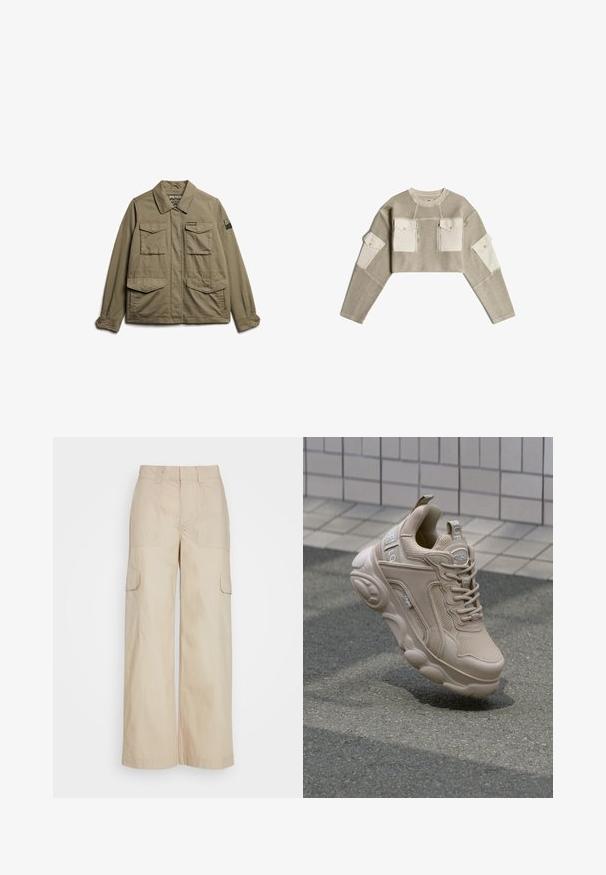 Superdry & Co EMBROIDERED MILITARY - Lichte jas - moss khaki; Korte beige gebreide trui met crème stoffen patches op de borstzakken en bovenste mouwen, met ritsen en knopen.; Cotton On SCOUT PANT - Cargobroek - washed sand; Beige sportieve schoen met een bovenwerk van mesh en synthetisch materiaal, gewatteerde kraag en een stevige zool met textuuraccenten. Merkzichtbaar aan de zijkant.