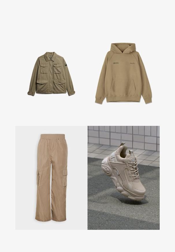 Superdry & Co EMBROIDERED MILITARY - Lichte jas - moss khaki; Beige hoodie van fleece materiaal, met een voorkantzak, geribde manchet en geborduurde logo's op de borst.; Even&Odd Cargobroek - beige; Beige sportieve schoen met een bovenwerk van mesh en synthetisch materiaal, gewatteerde kraag en een stevige zool met textuuraccenten. Merkzichtbaar aan de zijkant.